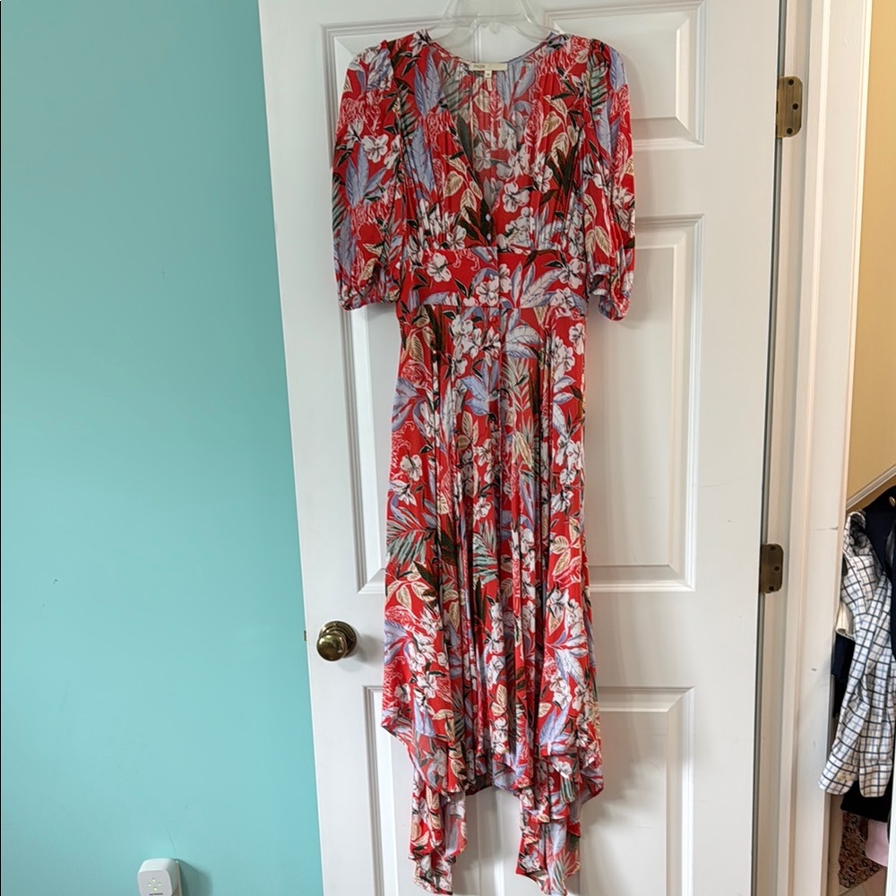 Maje Red/White tropical print dress asymmetrical hem size 6 (38)